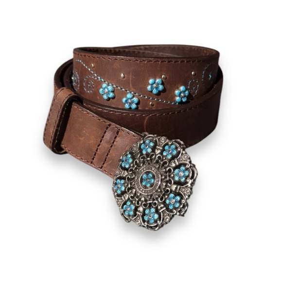 BRIGHTON Brown Leather Belt Blue Enameled Flowers Buckle w/ Embroidery & Rivets - Picture 1 of 5
